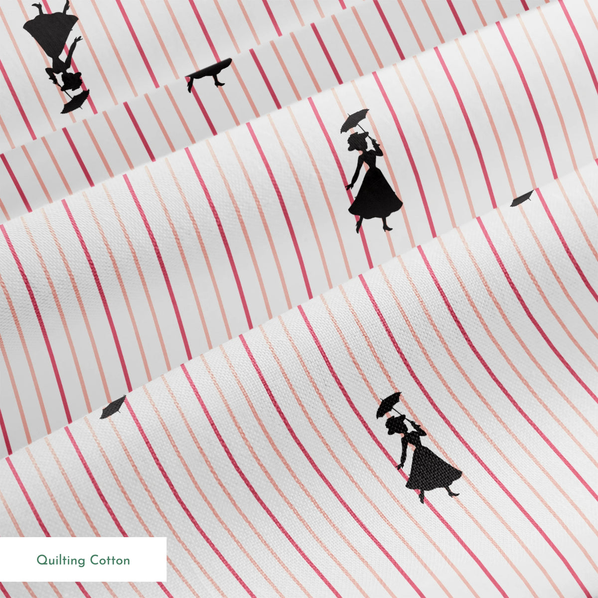 Mary Poppins silhouette figures on white background with thin pink vertical stripes springs quiltingcotton texture