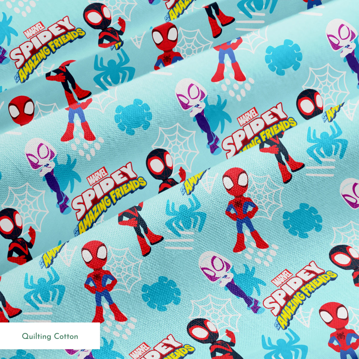 Marvel Spider-Man cartoon characters on blue background with spider webs and logos, featuring different Spider-Man costume variants. springs quiltingcotton texture