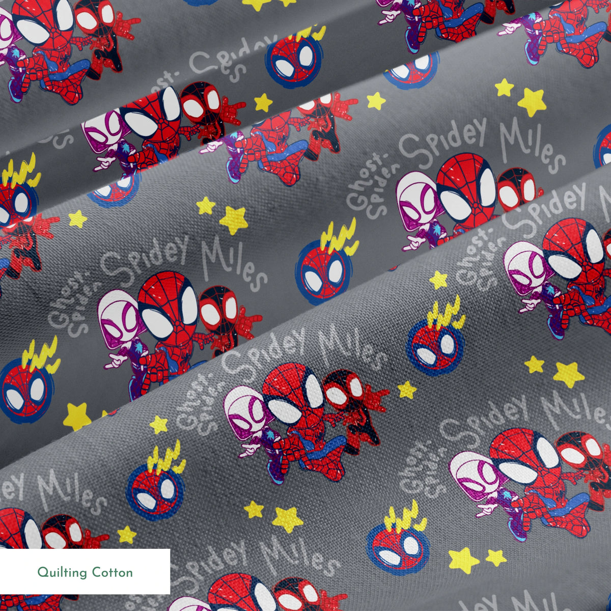Cartoon Spider-Man characters pattern with stylized spider heroes and yellow stars on gray background springs quiltingcotton texture