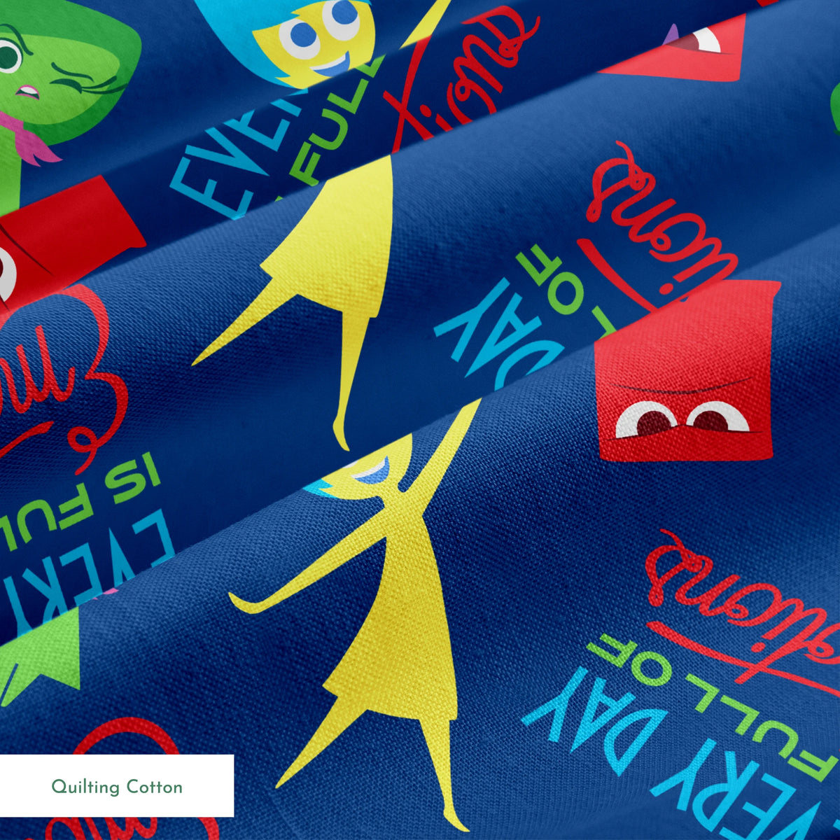 Colorful cartoon character pattern on blue background with characters from Inside Out movie and text phrases springs quiltingcotton texture