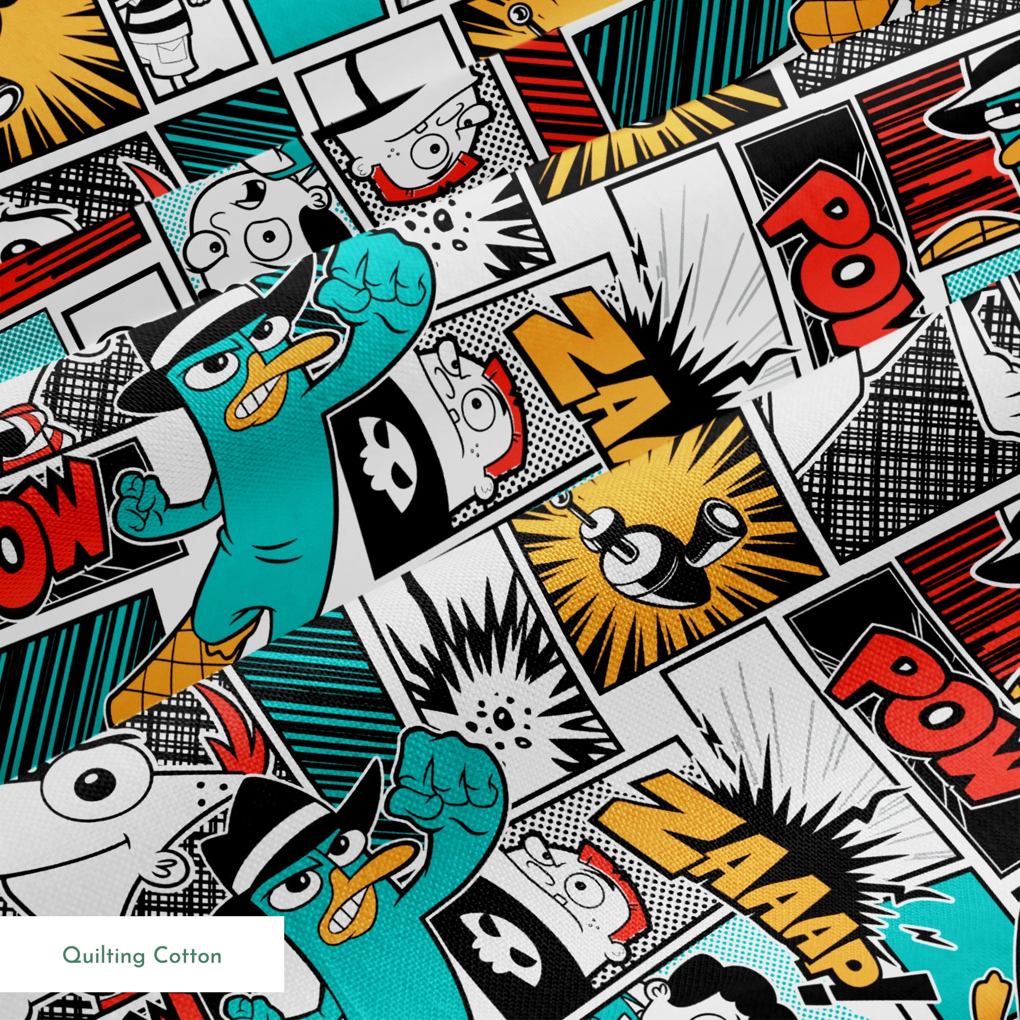 Comic book style pattern with colorful panels featuring sound effects like POW, BANG, and WHAM on red, blue, and black backgrounds springs quiltingcotton texture
