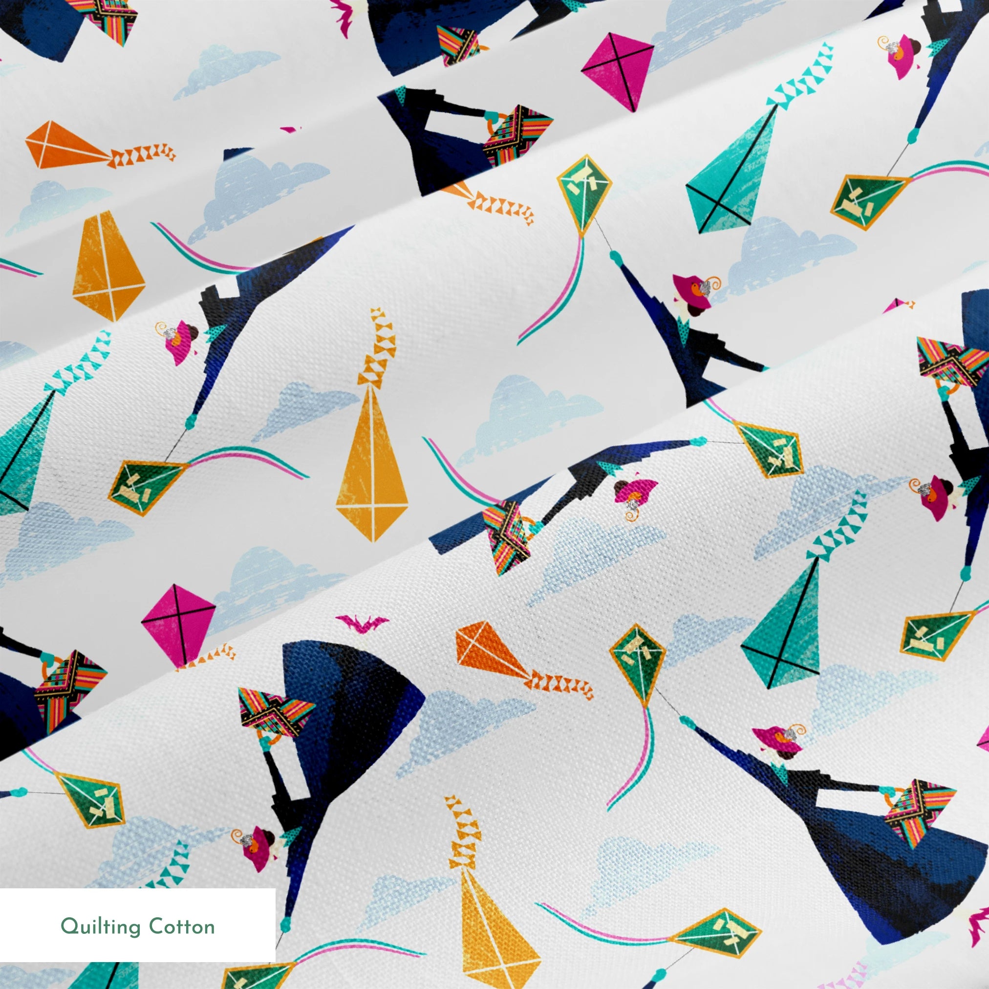 Colorful kites in orange, pink, and green along with Mary Poppins flying in a cloudy blue sky springs quiltingcotton texture