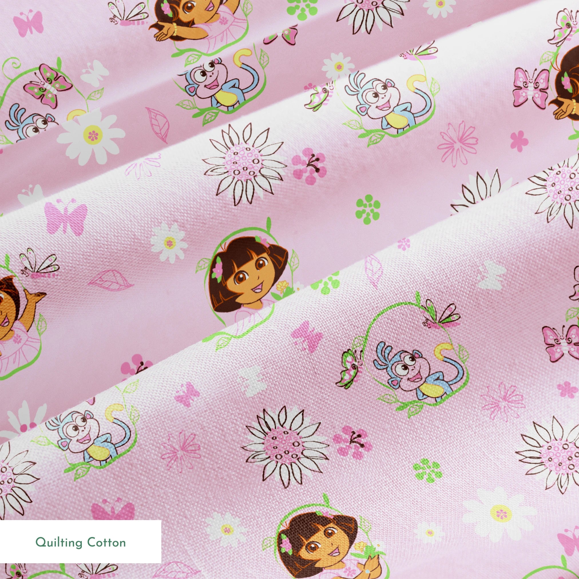 Pink background with Dora the Explorer characters, white daisies and purple butterflies scattered throughout springs quiltingcotton texture