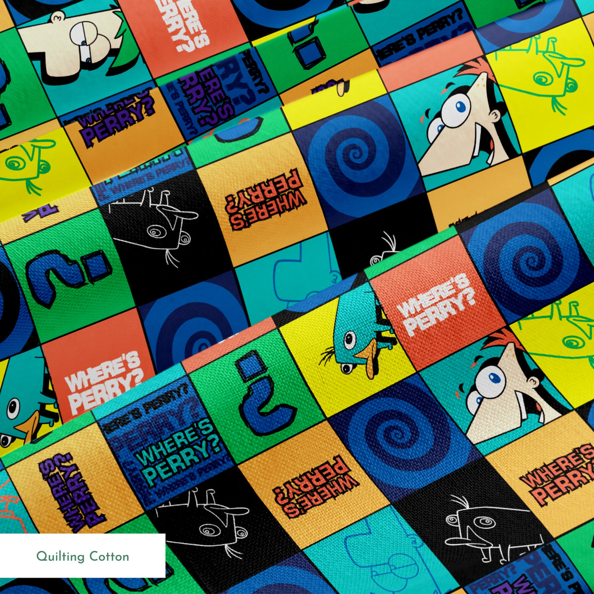 Colorful grid pattern with Phineas and Ferb cartoon characters, logos, question marks, and spirals in blue, green, and orange squares. springs quiltingcotton texture