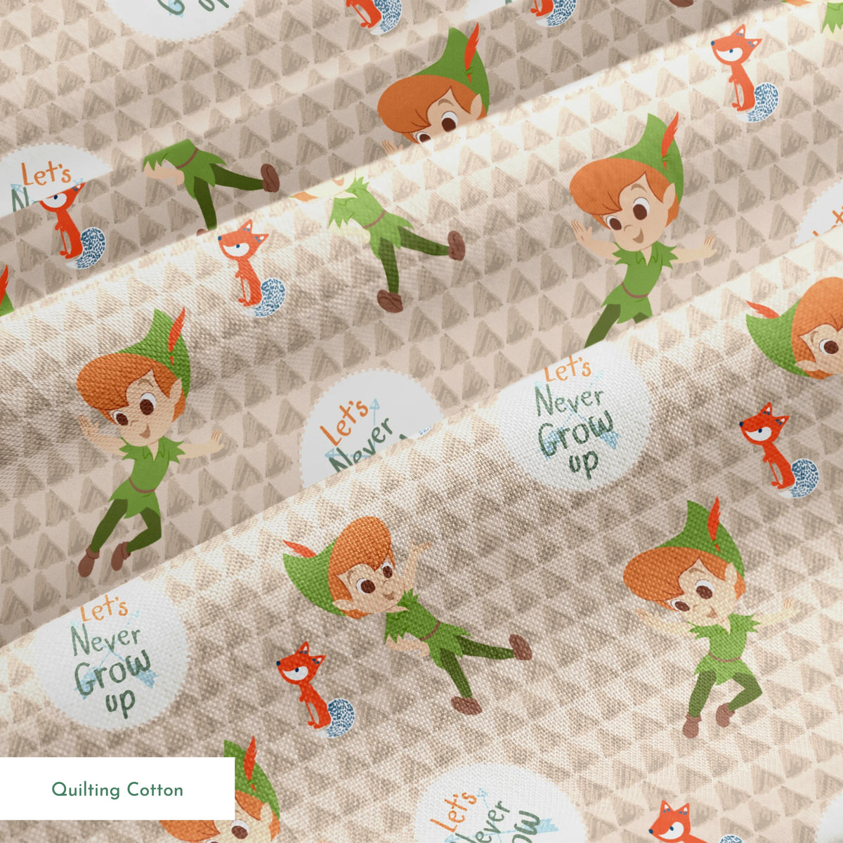Cartoon pattern featuring Peter Pan character flying, orange foxes, and "Let's Never Grow Up" text on beige background springs quiltingcotton texture