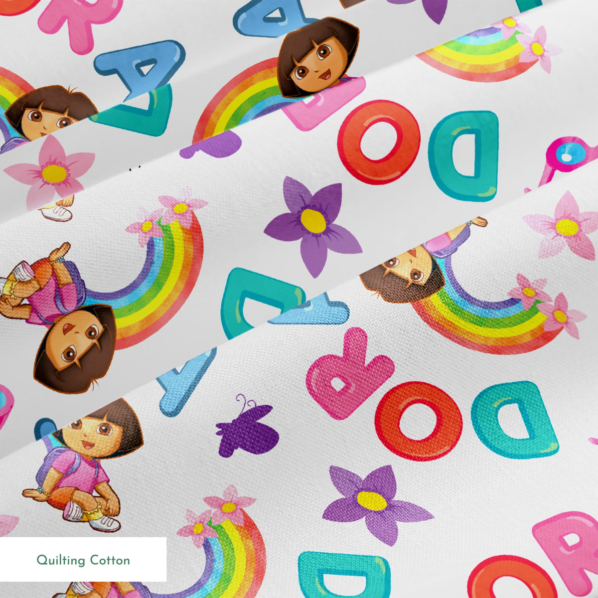 Colorful Dora pattern with rainbows, flowers, alongside scattered "DORA" letters on white background. springs quiltingcotton texture