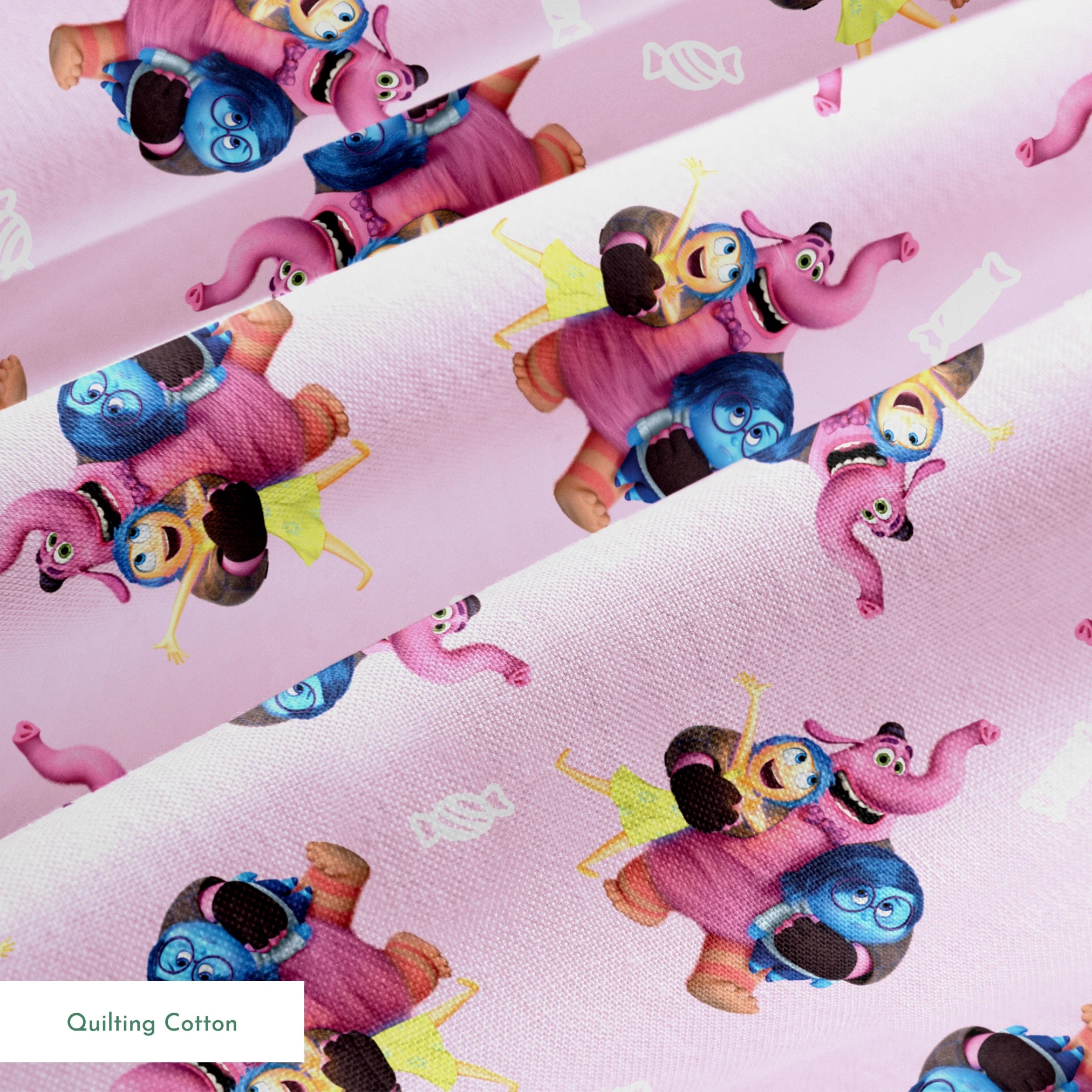 Repeating pattern of Inside Out characters on a lavender background springs quiltingcotton texture