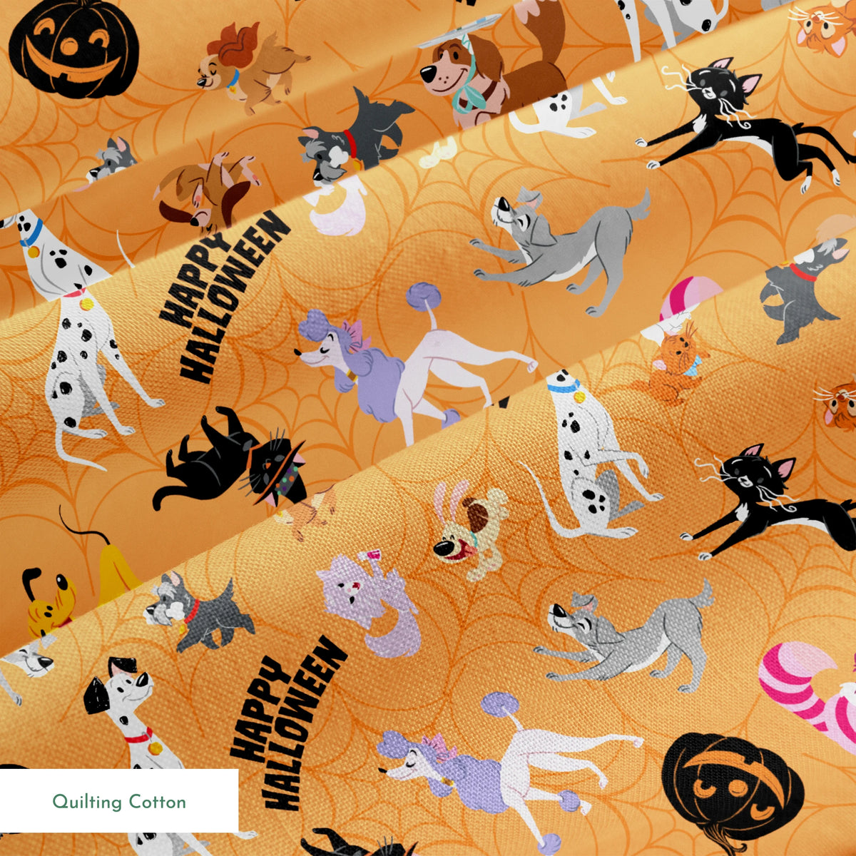 Cartoon dogs in Halloween pattern with pumpkins and "Happy Halloween" text on orange background springs quiltingcotton texture