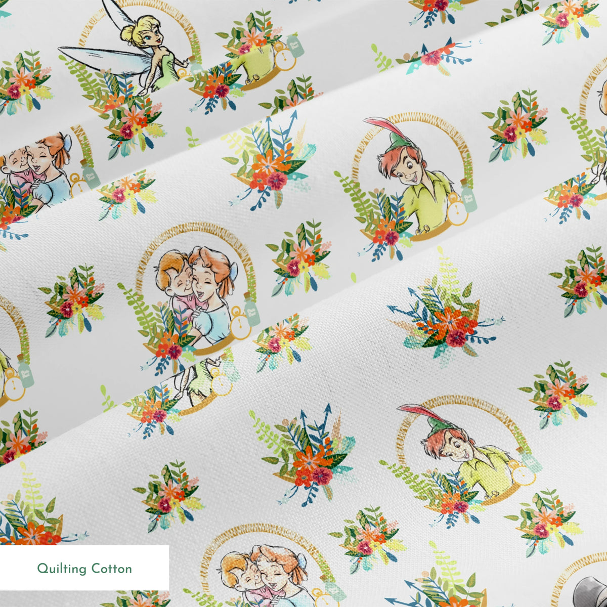 Illustrated pattern featuring cartoon characters in gold circles with colorful floral arrangements springs quiltingcotton texture