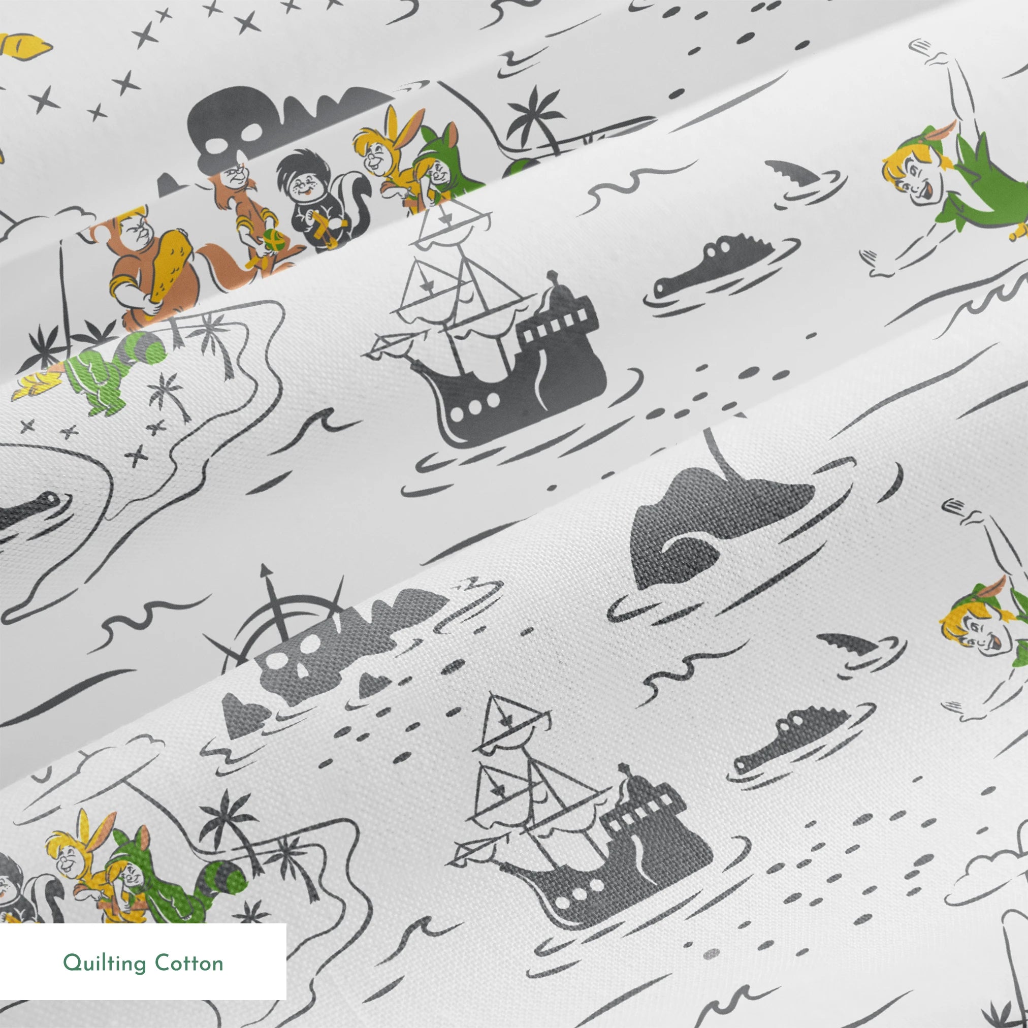 Peter Pan-inspired pattern with islands, ships, mermaids, compass roses, and pirate symbols in green, orange, and gray on white background springs quiltingcotton texture