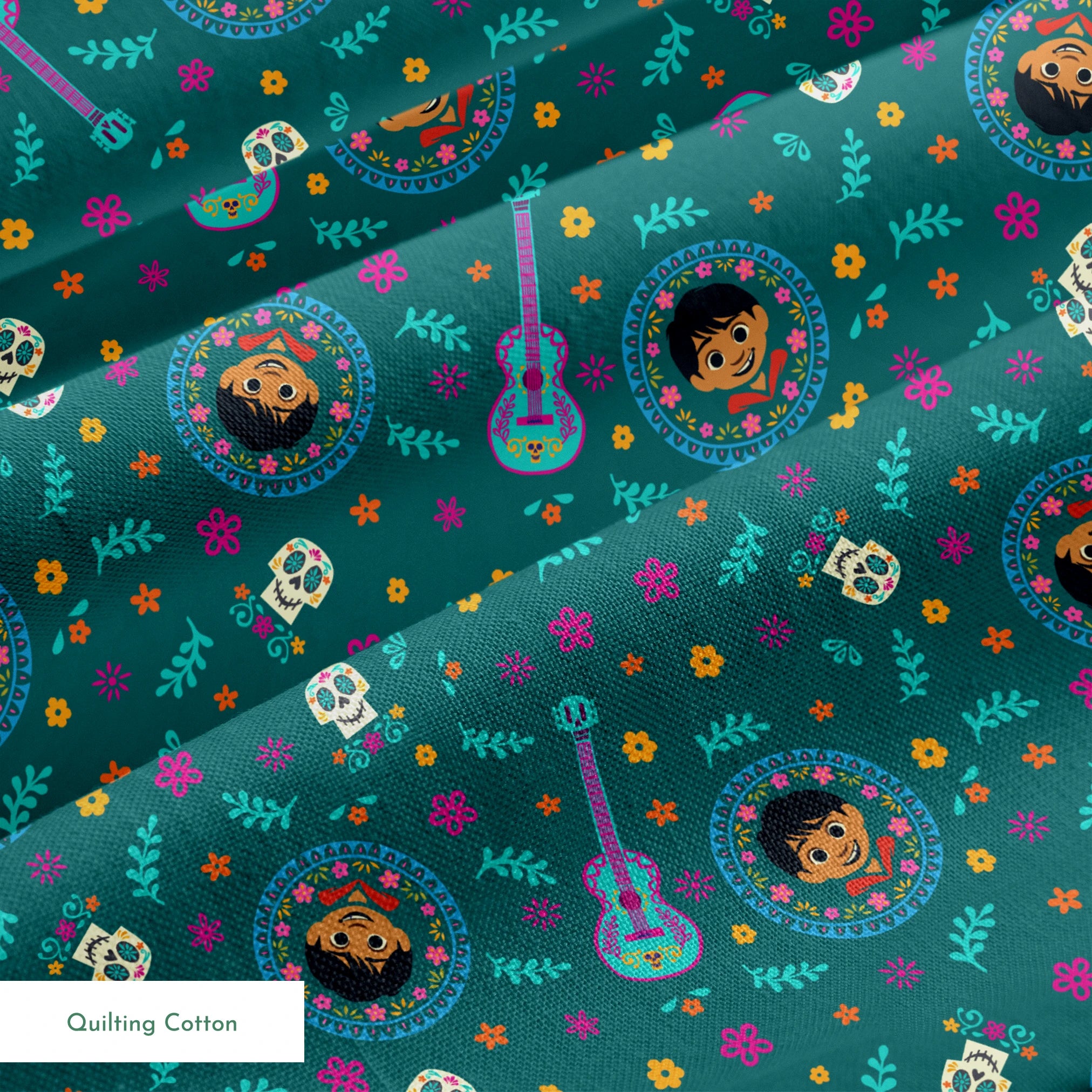 Colorful Coco-inspired pattern with guitars, sugar skulls, circular portraits, and floral elements on teal background. springs quiltingcotton texture