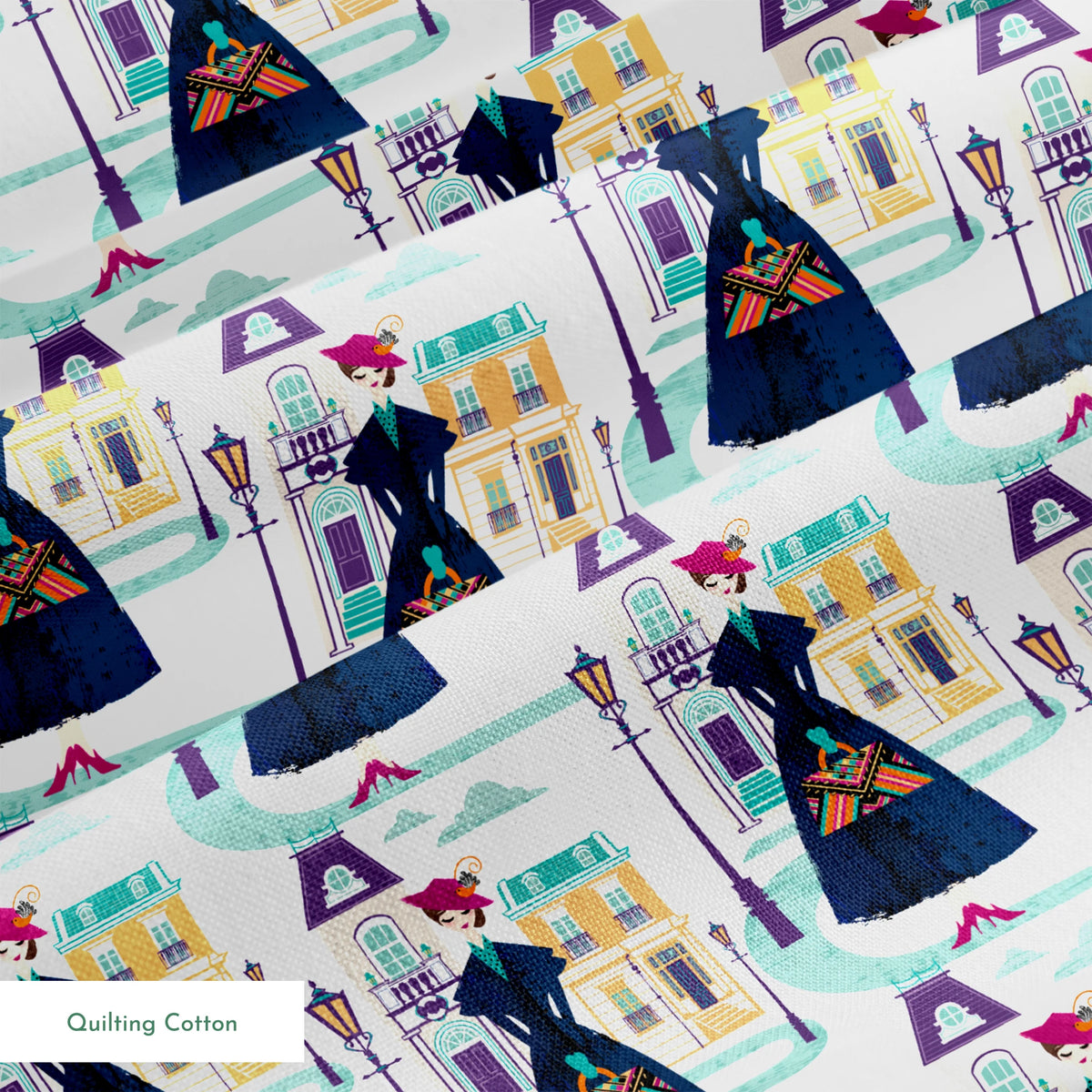 Illustrated pattern of Mary Poppins, standing among pastel townhouses and streetlamps. springs quiltingcotton texture