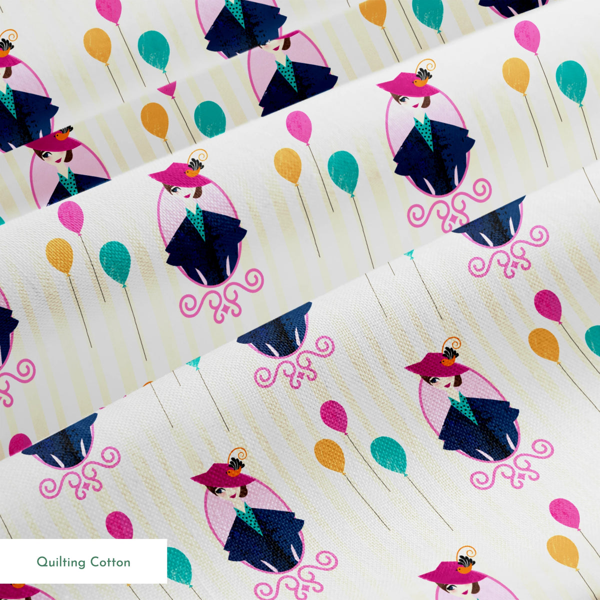 Mary Poppins displayed in decorative frames with colorful balloons against striped background springs quiltingcotton texture