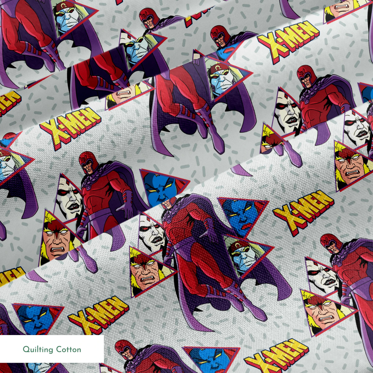 X-Men comic pattern with Magneto in purple and red costume against gray background with character portraits springs quiltingcotton texture