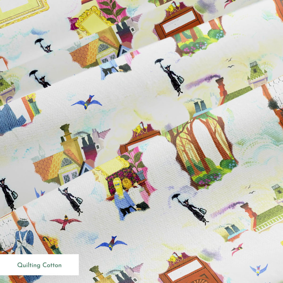 Whimsical pattern with colorful illustrated doorways, frames, and Mary Poppins with umbrellas on a pale blue background springs quiltingcotton texture