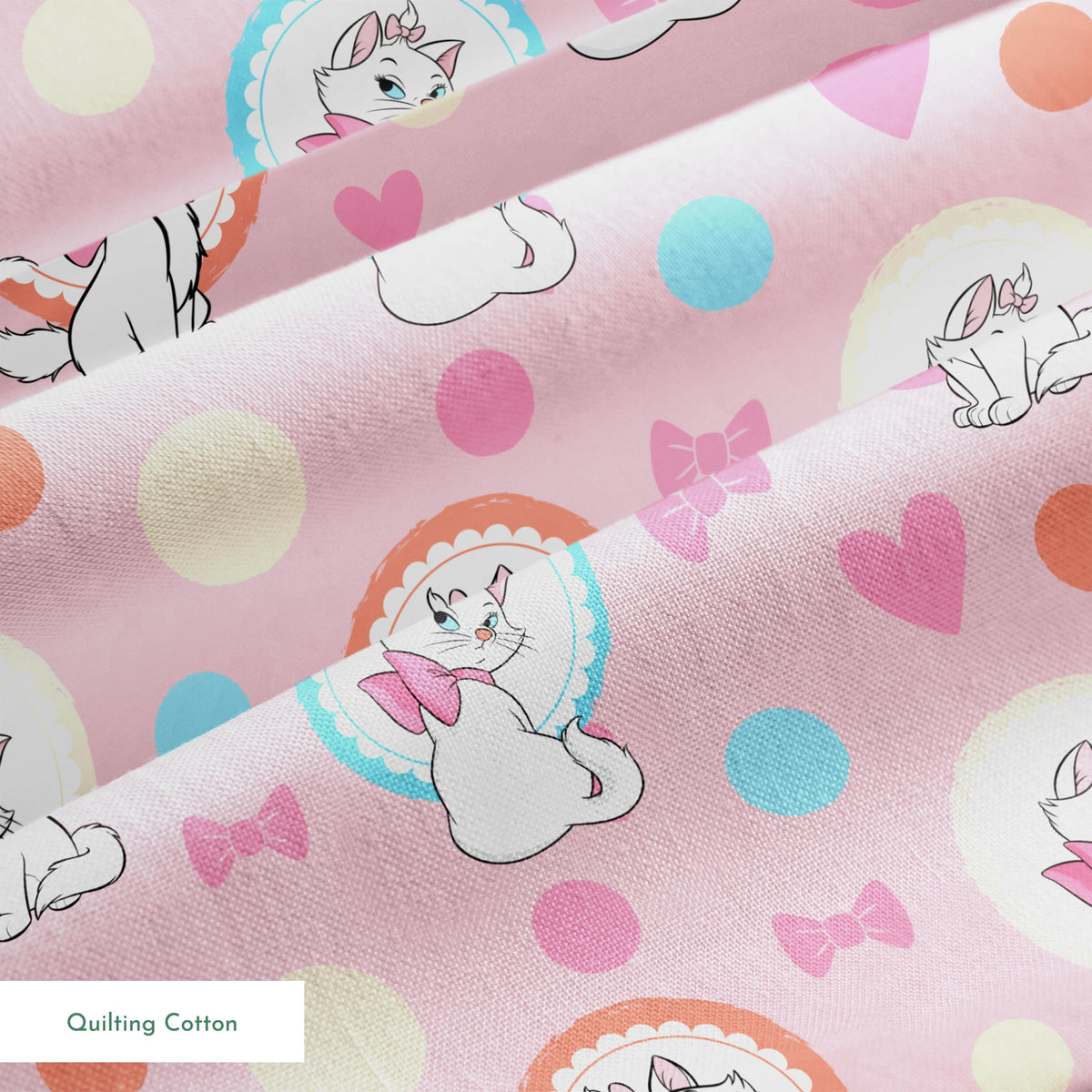 Marie from The Aristocats with pink bows in decorative circular frames on pink polka dot background with bow motifs springs quiltingcotton texture