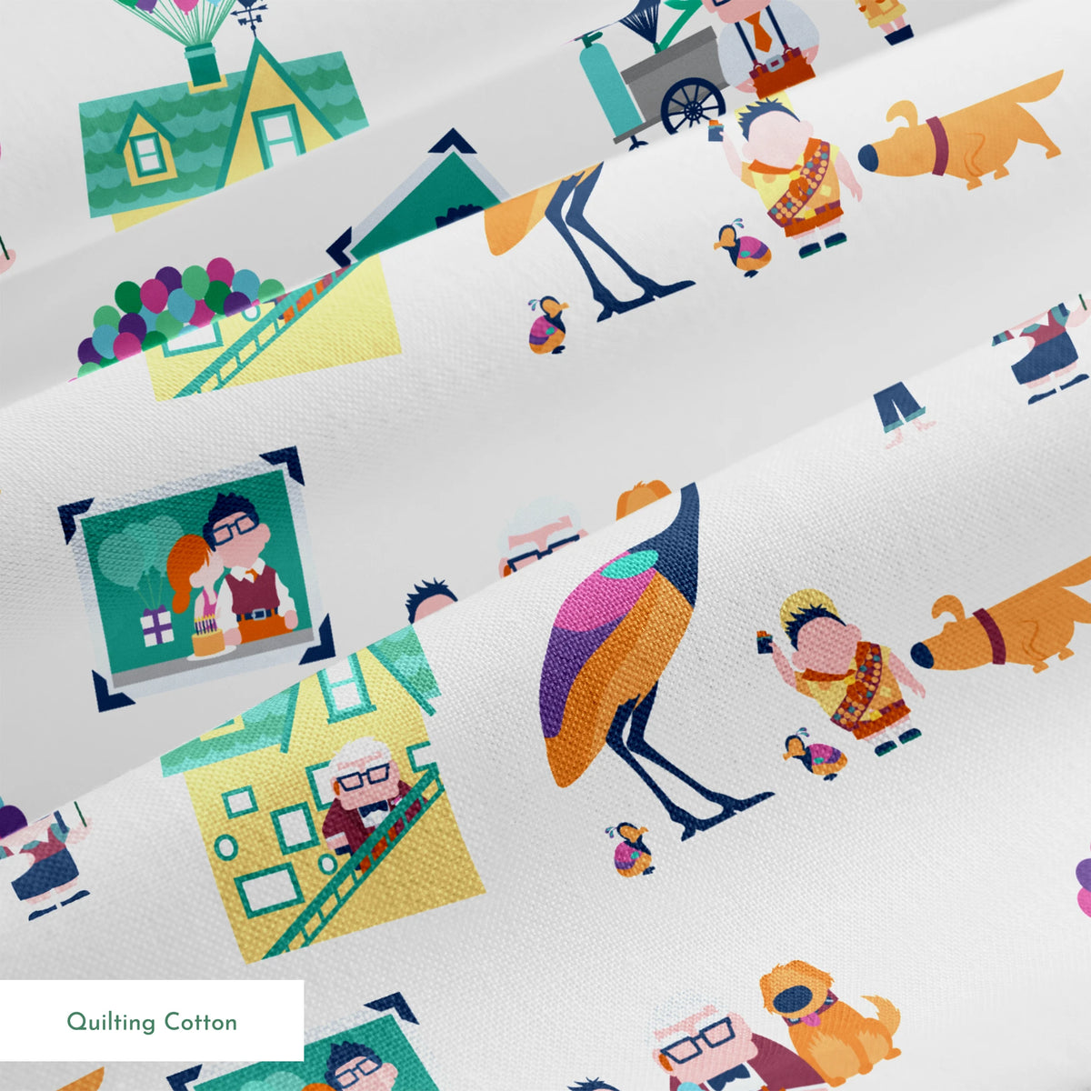 Colorful illustrated Up-inspired zoo pattern with cartoon characters, houses with balloons, peacocks, and family portraits on white background. springs quiltingcotton texture