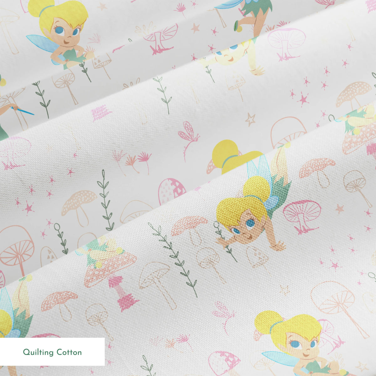 Whimsical pattern with cartoon fairy characters and pink mushrooms against a cream background springs quiltingcotton texture
