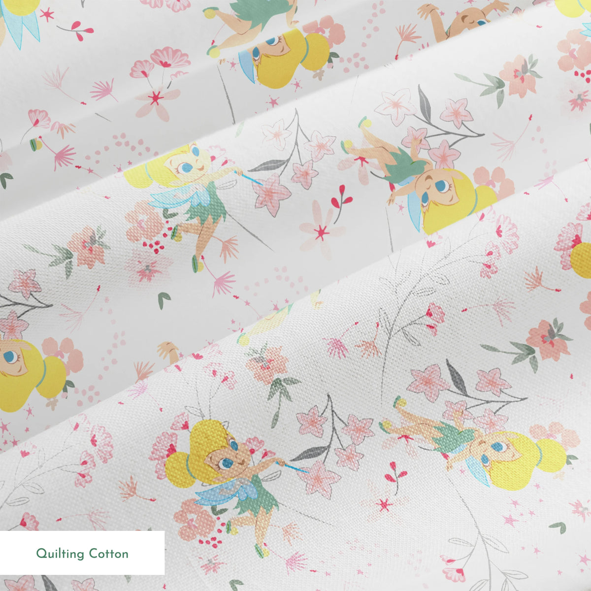 Whimsical pattern with Tinker Bell among pink flowers and green leaves on white background springs quiltingcotton texture