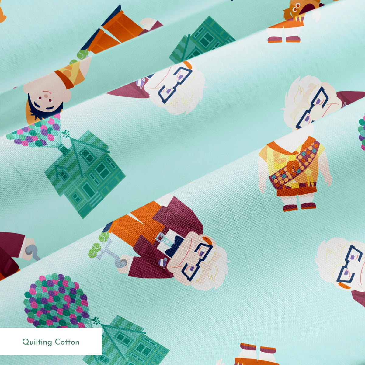 Cartoon pattern on mint background featuring characters from Pixar's "Up" with balloons, houses, and colorful elements springs quiltingcotton texture
