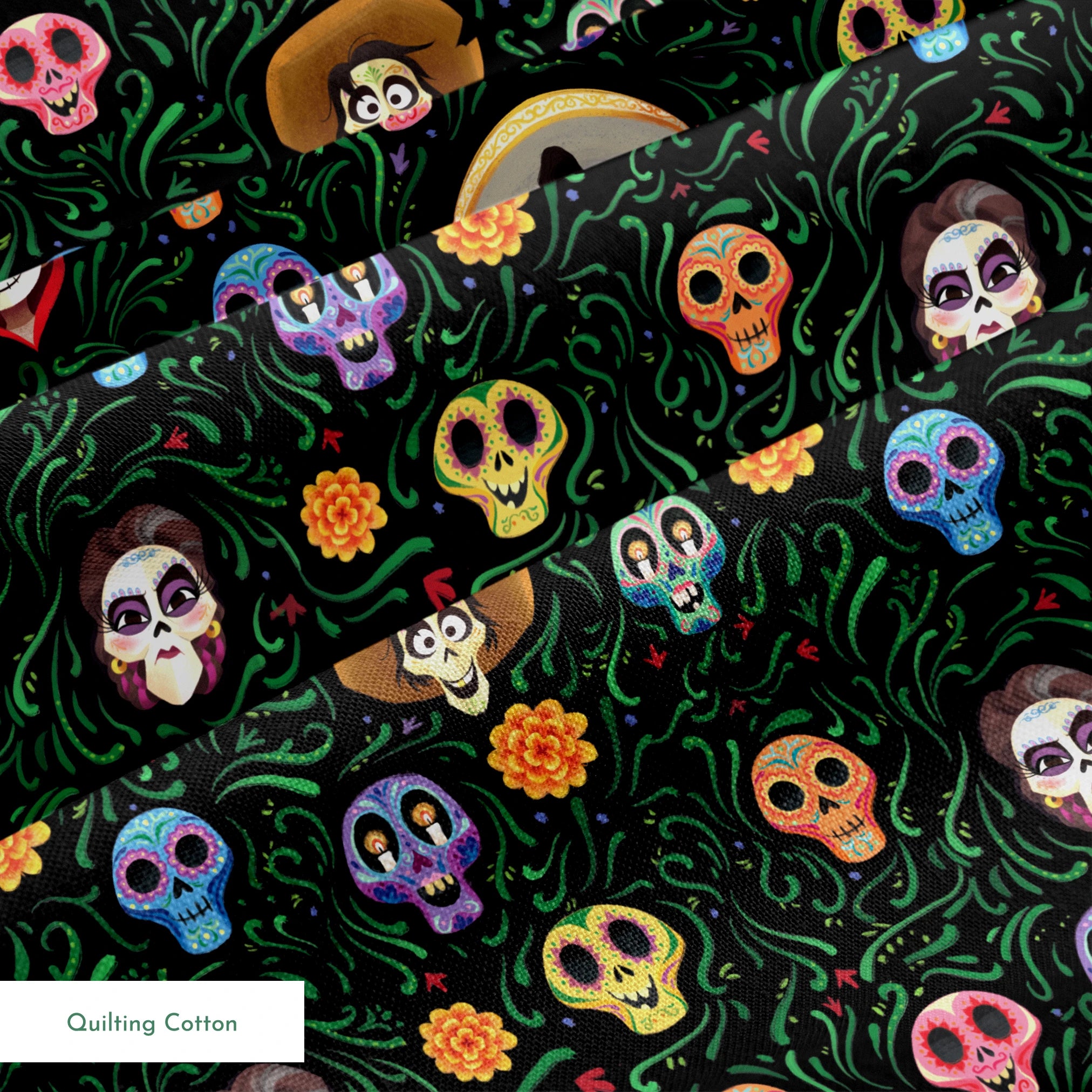 Colorful Coco stylized sugar skulls with sombreros scattered among green vines and orange flowers on black background springs quiltingcotton texture
