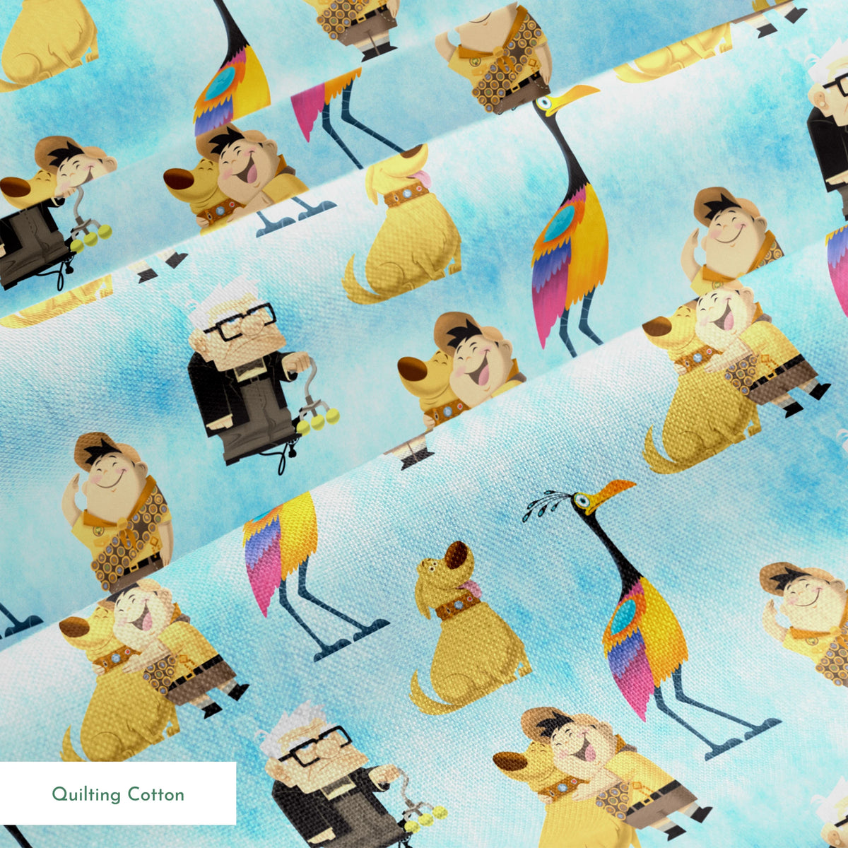Colorful Up-inspired pattern with cartoon characters including elderly man, explorer, golden dog, and tropical bird on light blue background springs quiltingcotton texture