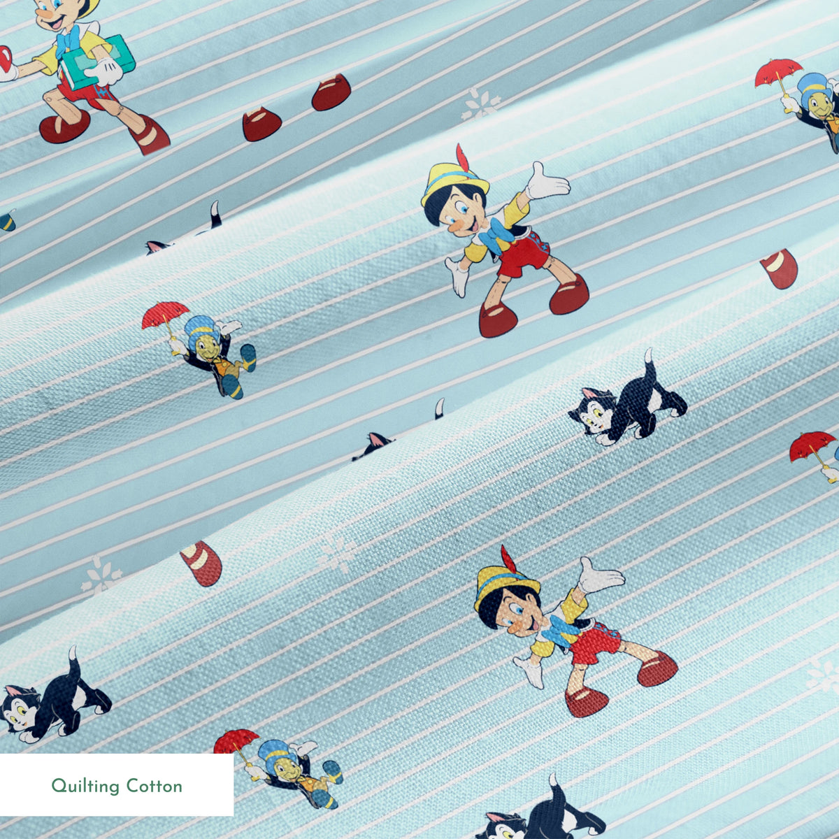 Cartoon pattern with boy character holding apple, black kittens, snowflakes on light blue striped background springs quiltingcotton texture