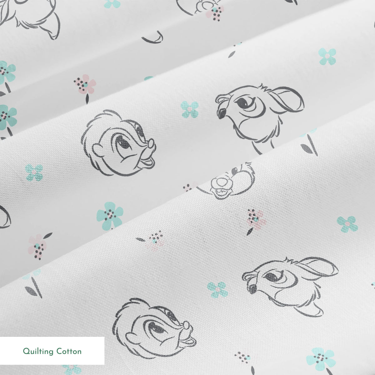 Sketch-style animals from Disney Bambi with pastel flowers on a white background. springs quiltingcotton texture
