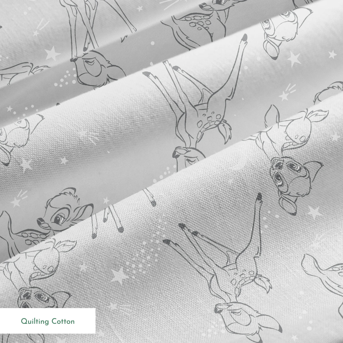 Line art illustrations of Disney’s Bambi surrounded by stars, moons, and stardust trails on a soft gray background in a scattered repeat. springs quiltingcotton texture
