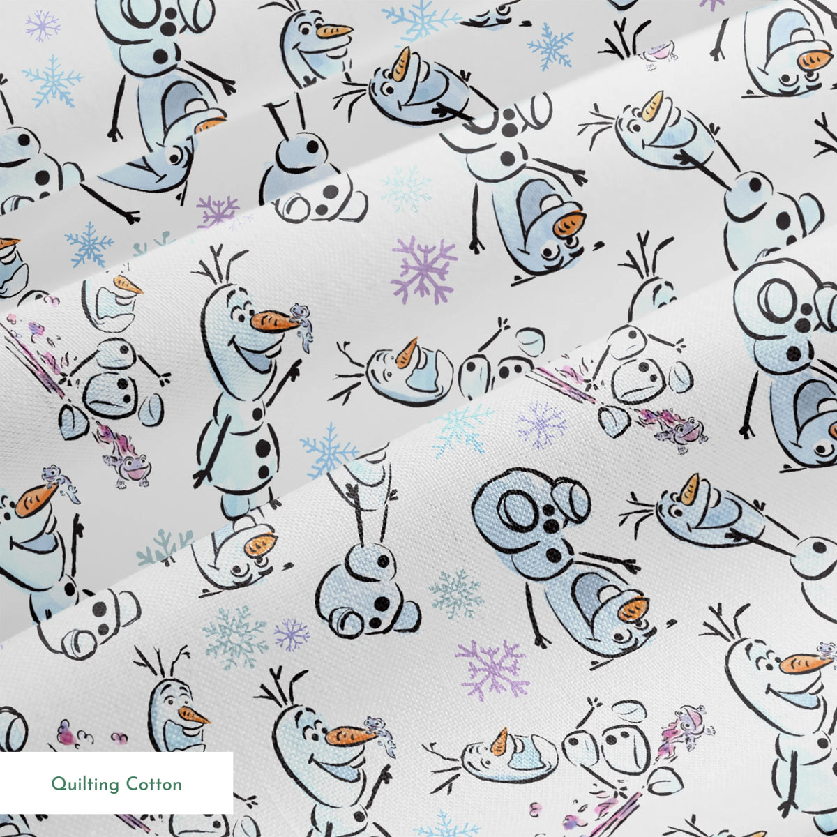 Disney Frozen Olaf with different happy expressions scattered on light blue background with snowflakes springs quiltingcotton texture