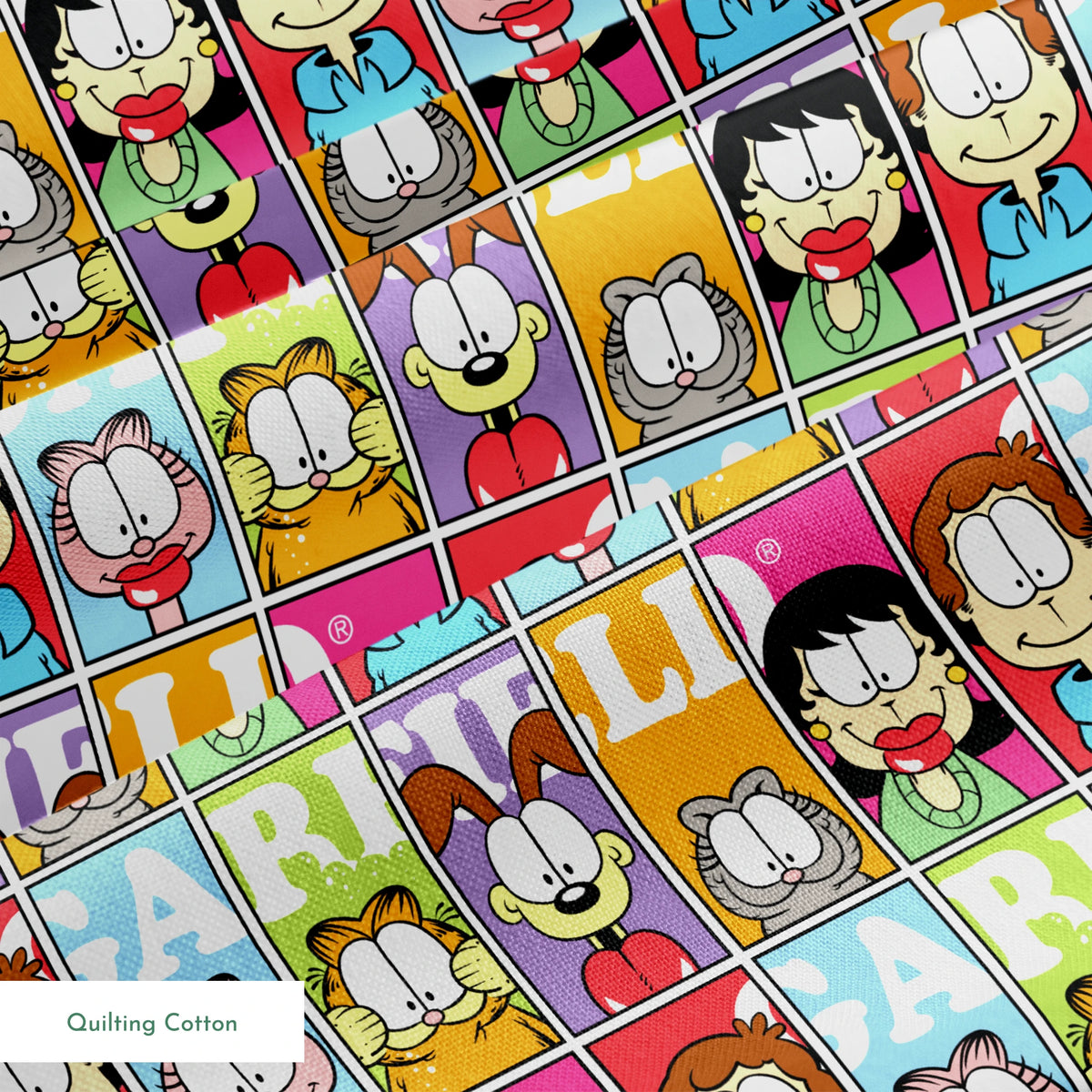 Colorful comic grid pattern with Garfield characters and letters arranged in repeating squares springs quiltingcotton texture