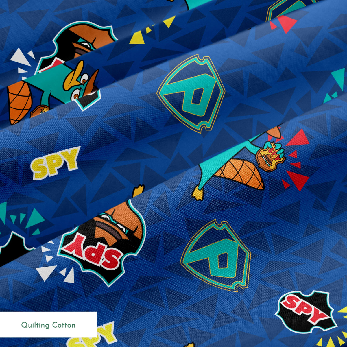 Colorful Perry the Platypus pattern with "SPY" text on blue geometric background springs quiltingcotton texture
