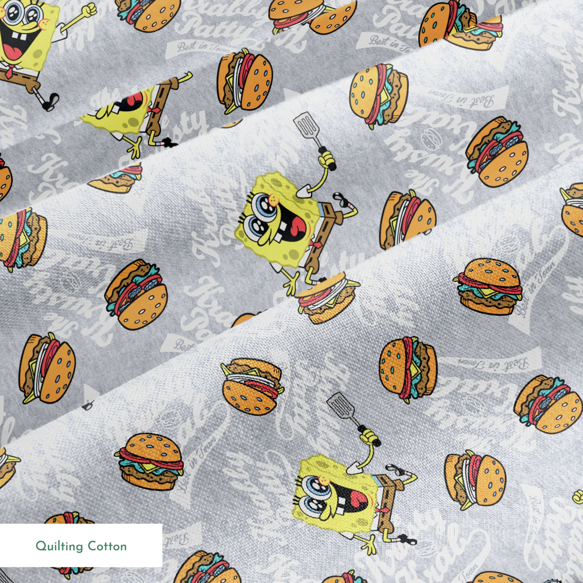 SpongeBob surrounded by Krabby Patties, spatulas, and “The Krusty Krab” text on a heather gray background in a playful cartoon-style design. springs quiltingcotton texture