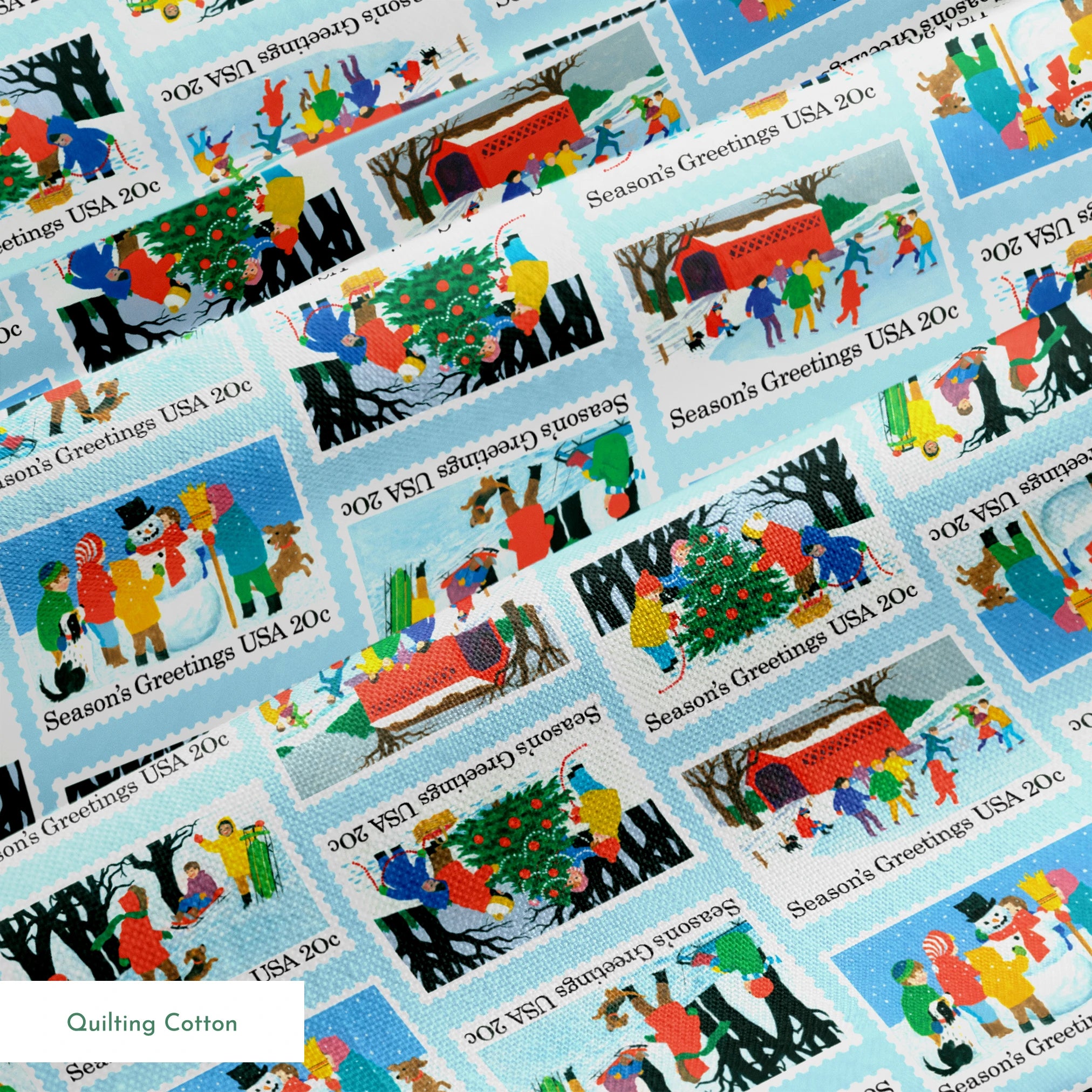 USPS Scenic Season's Greetings Stamps on Blue Fabric