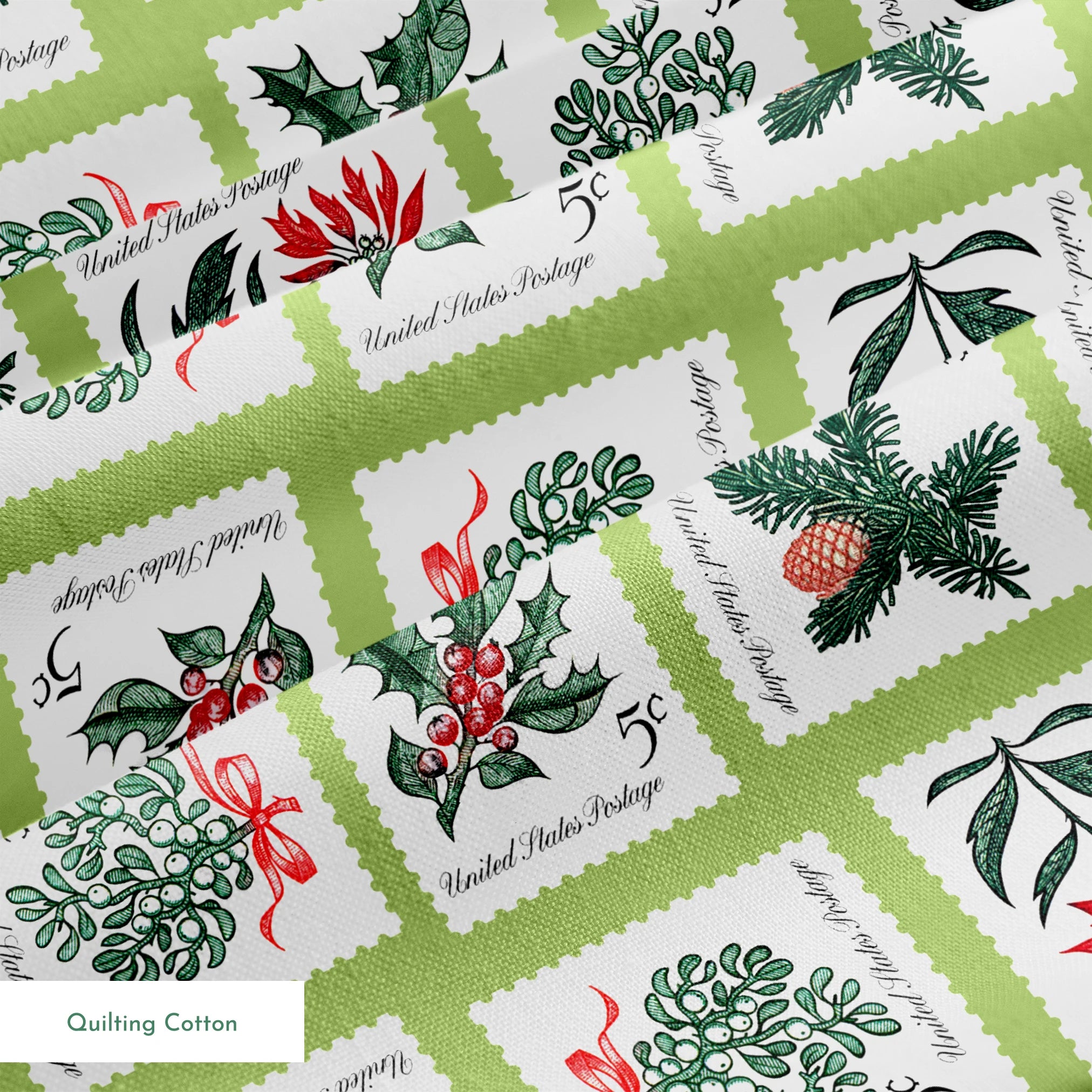USPS Holiday Botanicals Stamp Collage on Green Fabric