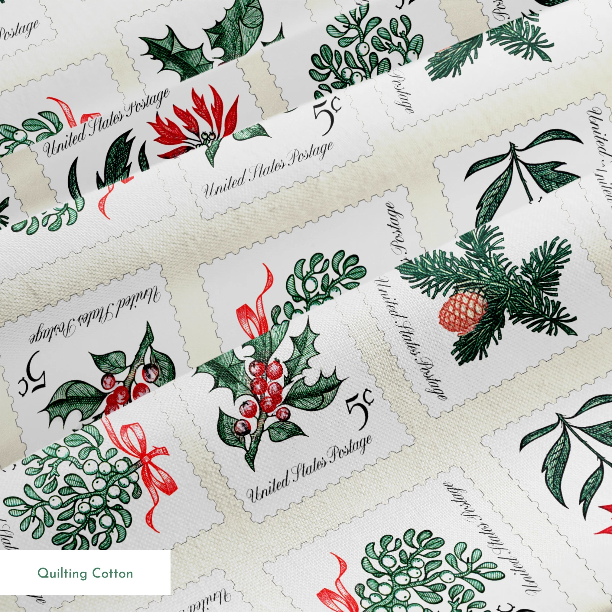 USPS Holiday Botanicals Stamp Collage on Cream Fabric