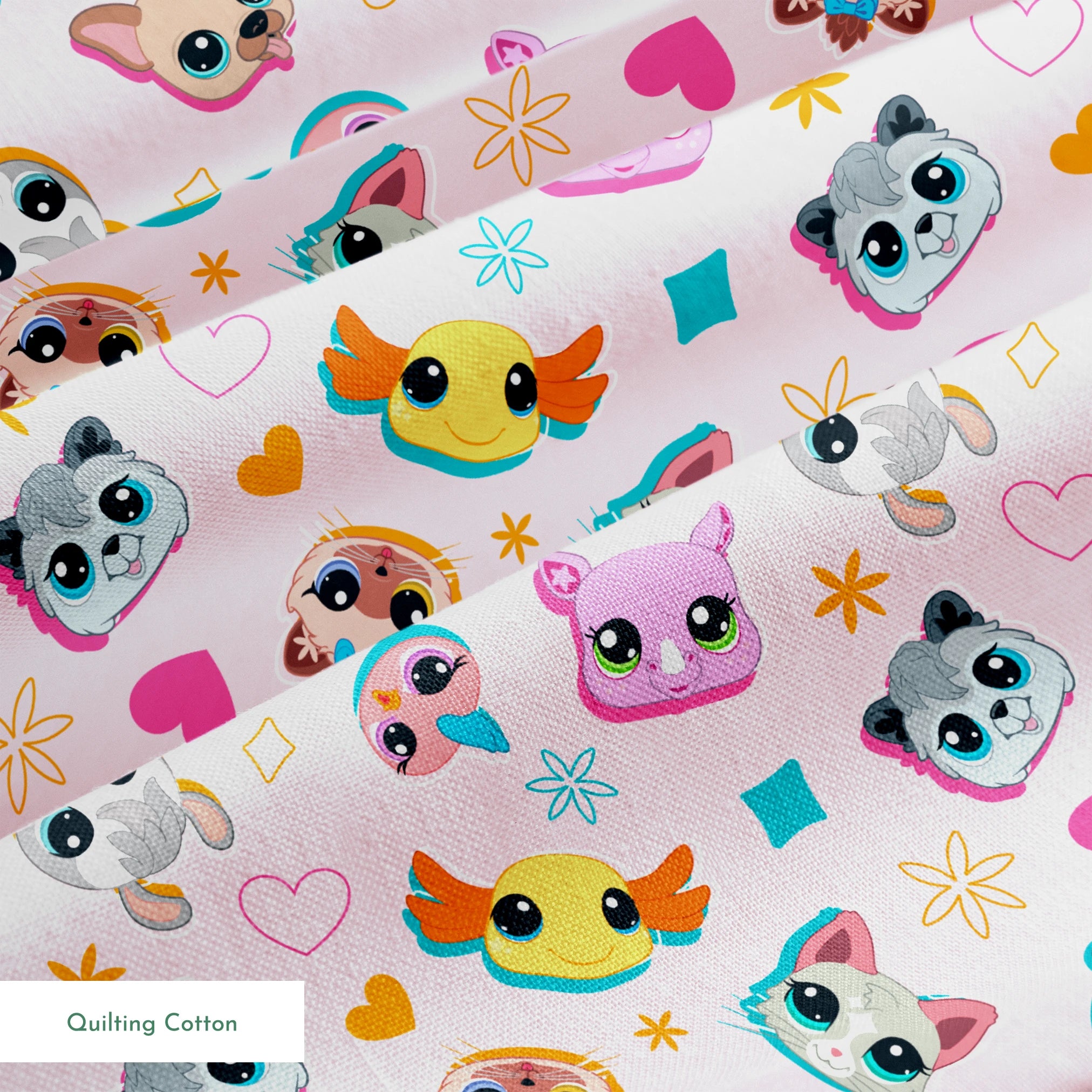 Hasbro Littliest Pet Shop Shapes and Faces on Petal Pink Fabric