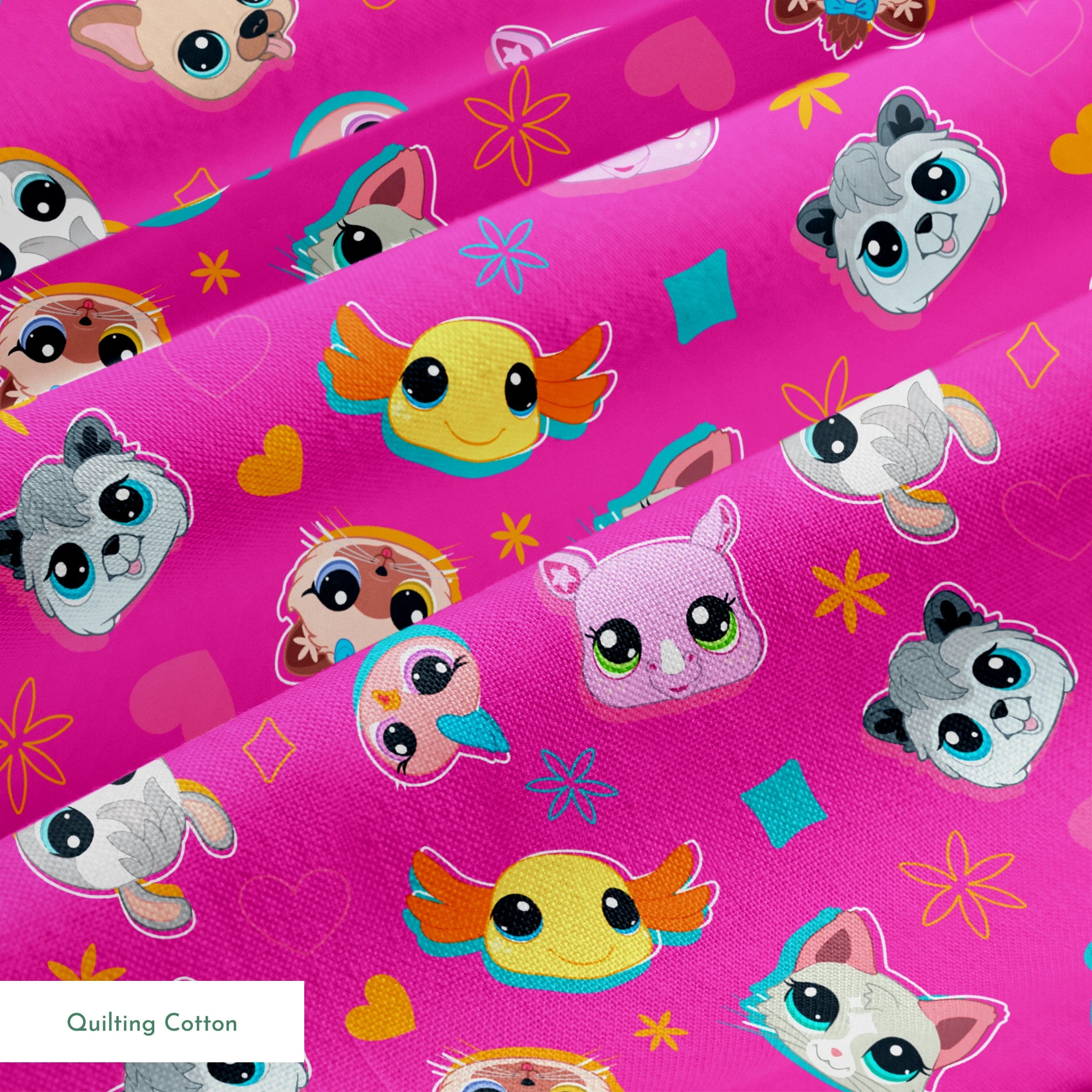 Hasbro Littliest Pet Shop Shapes and Faces on Hot Pink Fabric