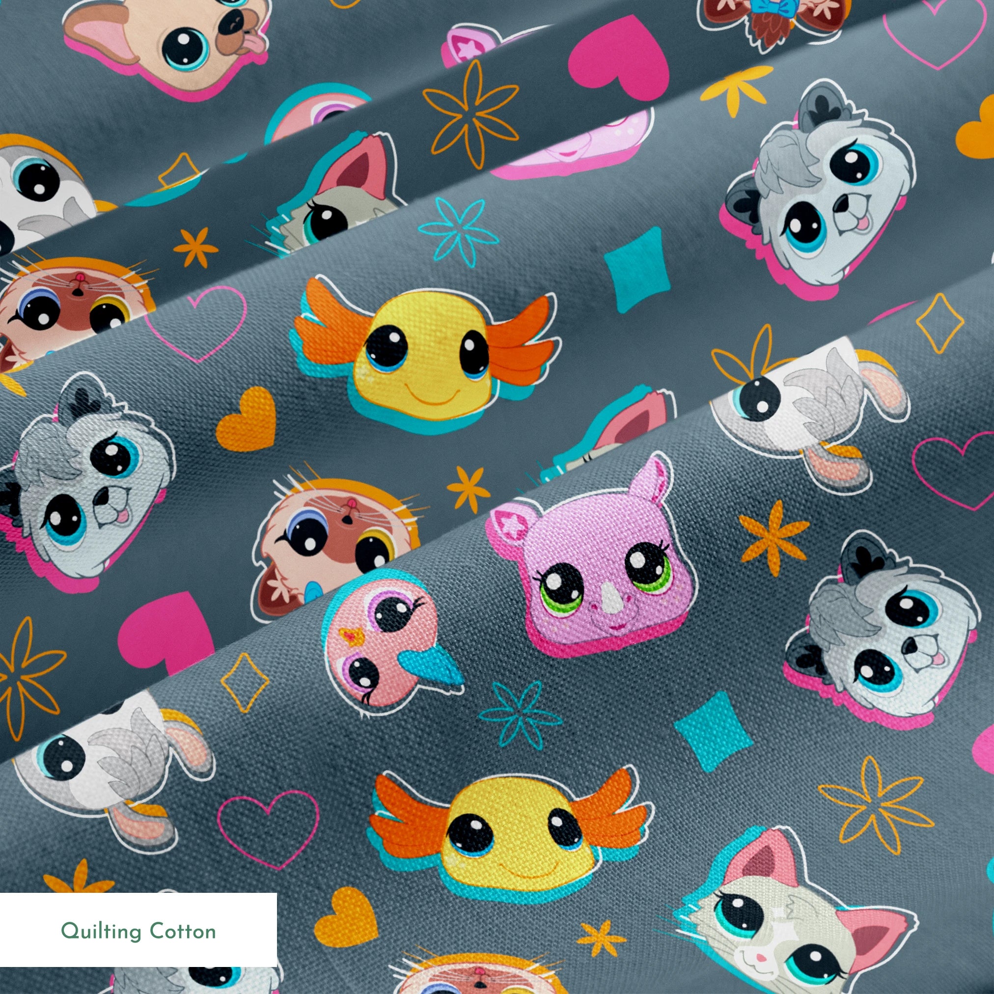 Hasbro Littliest Pet Shop Shapes and Faces on Grey Fabric