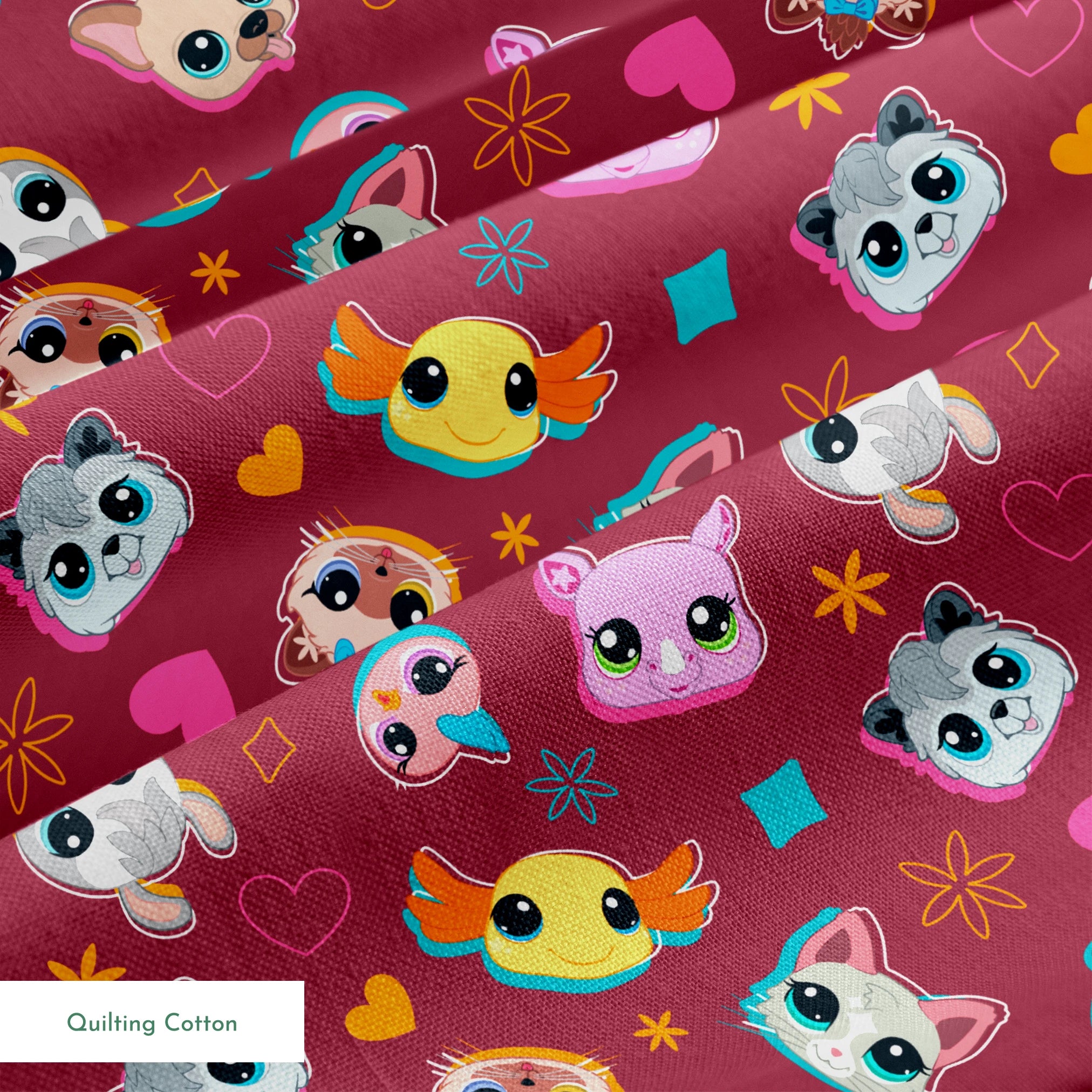 Hasbro Littliest Pet Shop Shapes and Faces on Burgundy Fabric