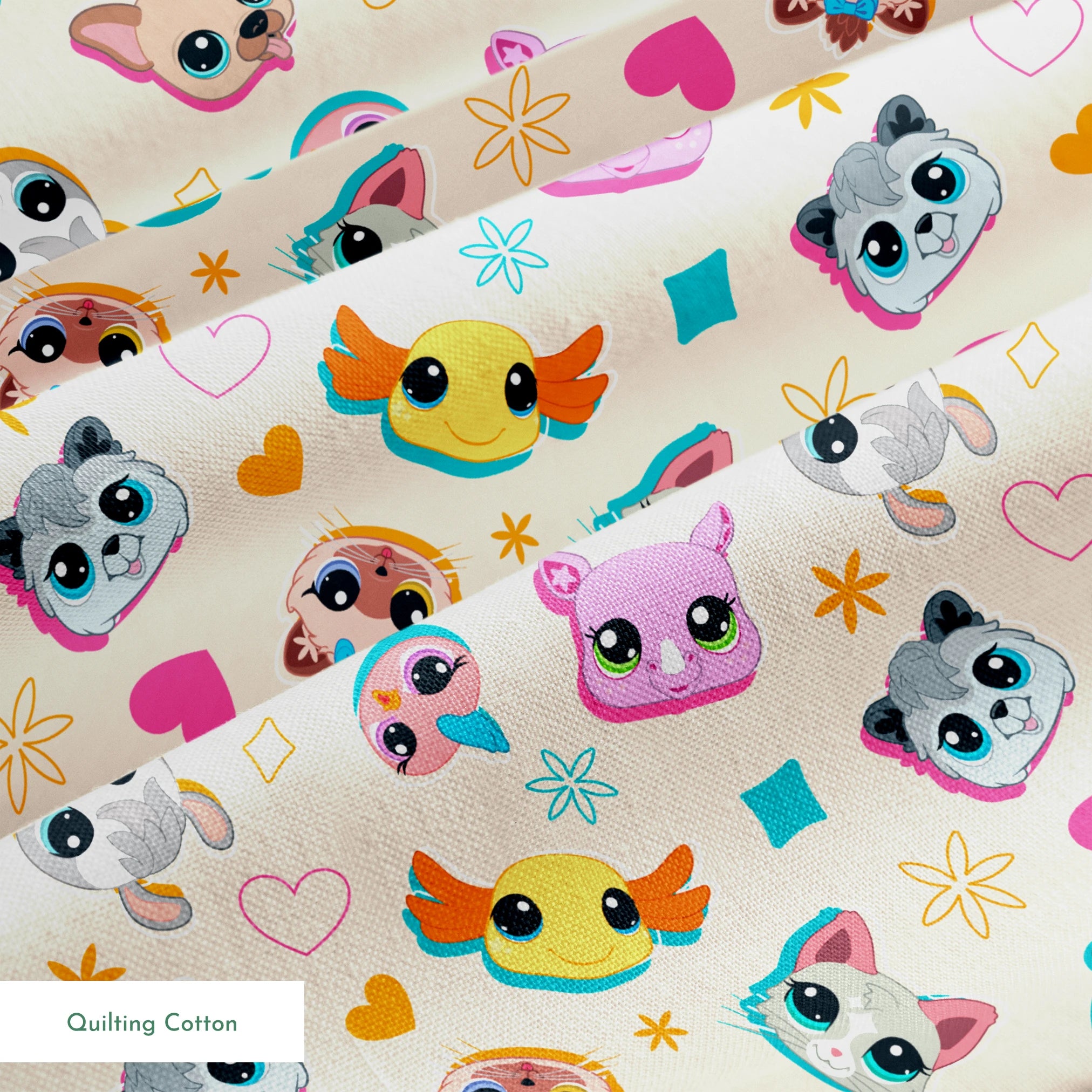 Hasbro Littliest Pet Shop Shapes and Faces on Beige Fabric