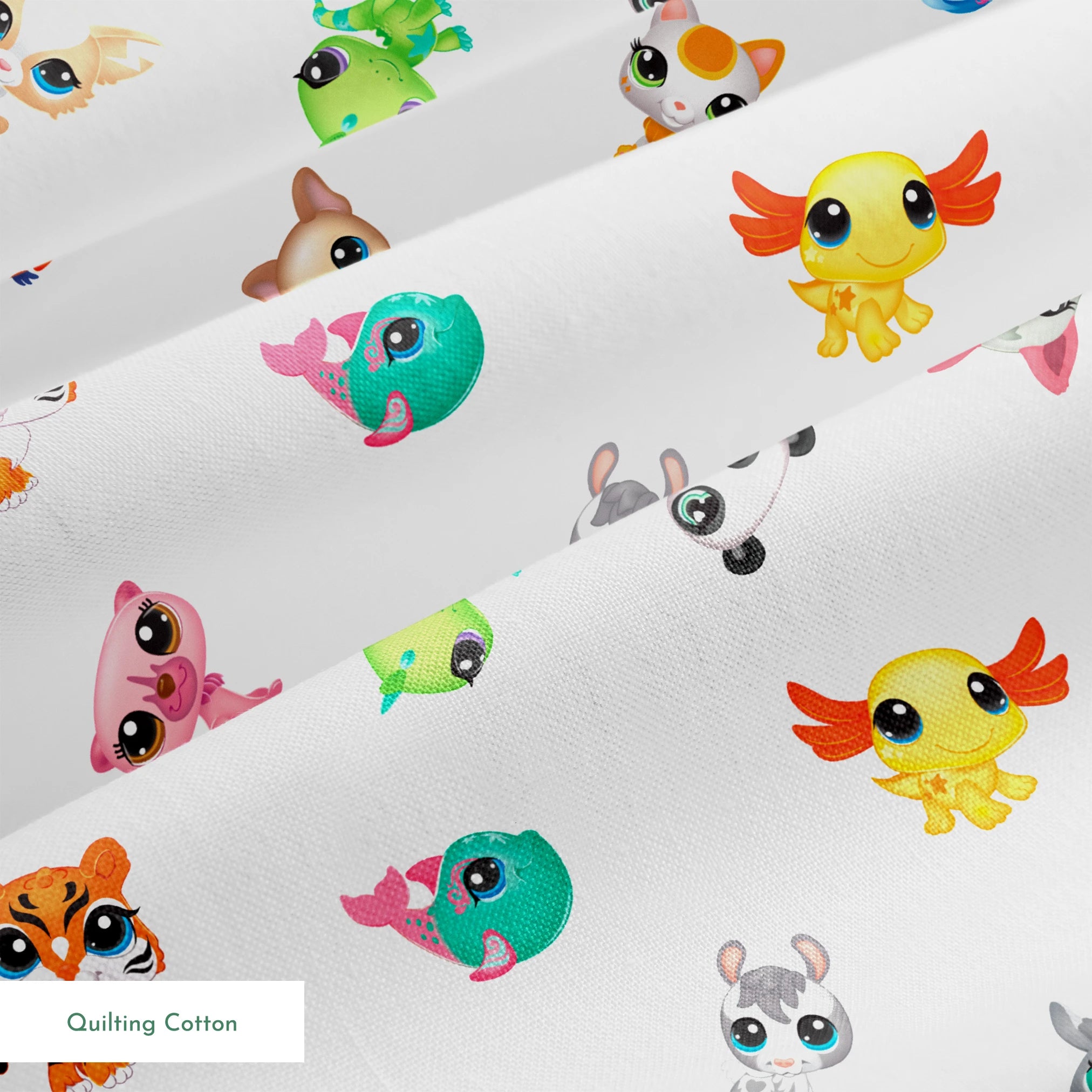 Hasbro Littliest Pet Shop Character Collage on White Fabric