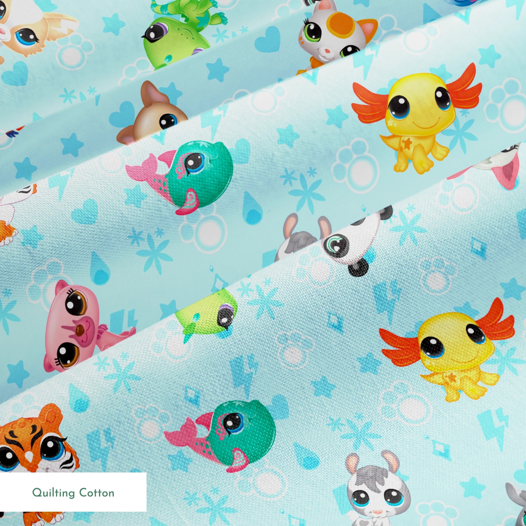 Hasbro Littliest Pet Shop Character Collage on Blue Fabric