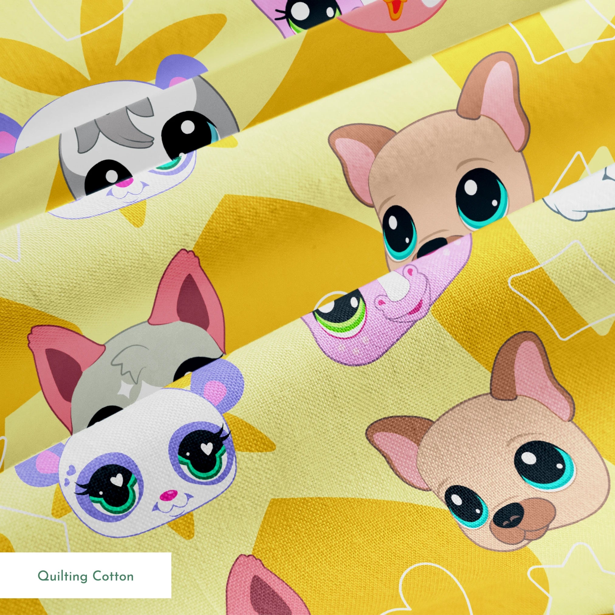 Hasbro Littliest Pet Shop Cute Faces Toss on Yellow Fabric