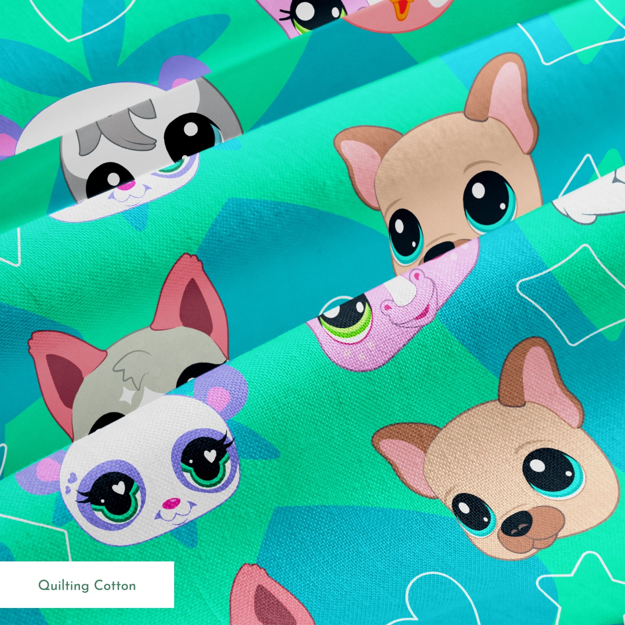 Hasbro Littliest Pet Shop Cute Faces Toss on Seafoam Green Fabric