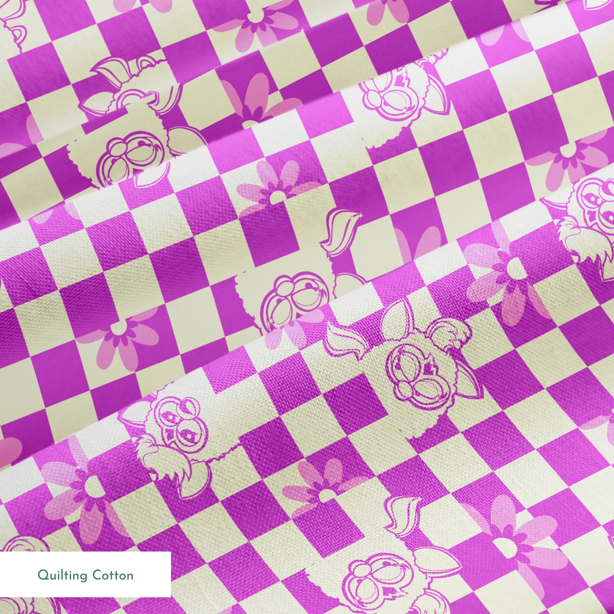 Hasbro Furby Checkered Flowers on Purple Fabric