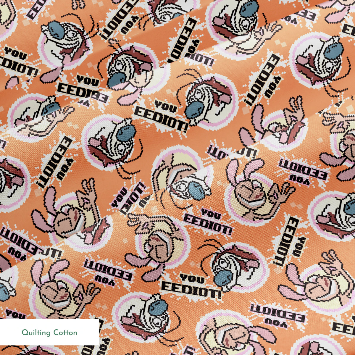 Ren & Stimpy EEDIOT! Pixels on Orange Fabric