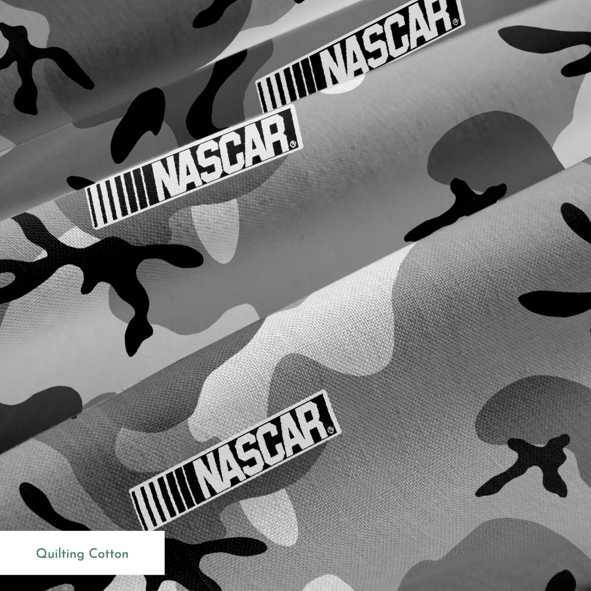 NASCAR® Retro Logo and Camo Toss on Grey Fabric