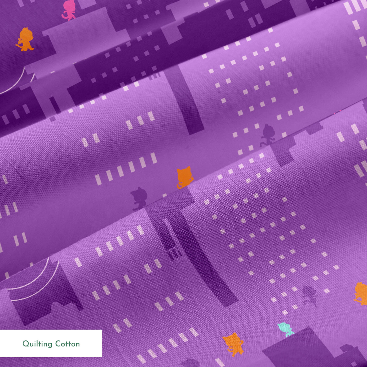 Disney Jr's. SuperKitties Super Skyline on Purple Fabric