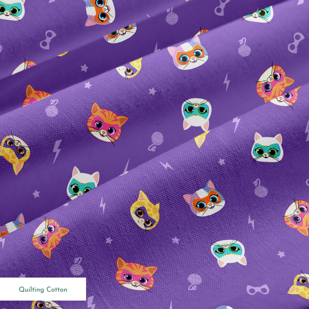 Disney Jr's. SuperKitties Friends Furever on Purple Fabric